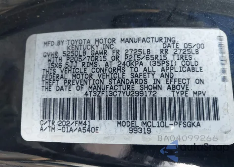 2000 Toyota Sienna Xle z USA, uszkodzony, nr VIN 4T3ZF13C7YU299172